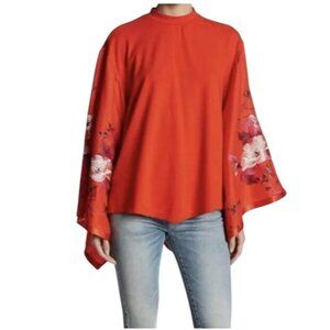 New Free People‎ Sydneys Batwing Kimono Sleeve Top Red Fire Orange Embroidery SM